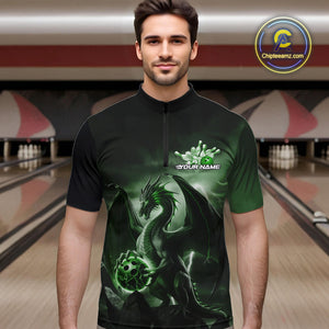 Custom Black And Green Thunder Lightning Dragon Bowling Men Quarter-Zip Shirts, Team Outfit IPHW9100