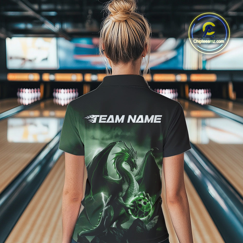 Custom Black And Green Thunder Lightning Dragon Bowling Women Quarter-Zip Shirts IPHW9100