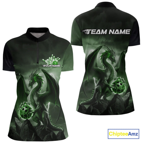 Custom Black And Green Thunder Lightning Dragon Bowling Women Quarter-Zip Shirts IPHW9100