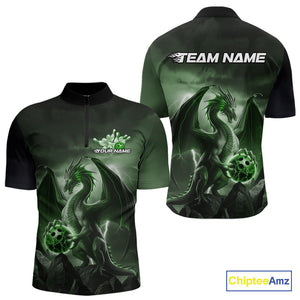 Custom Black And Green Thunder Lightning Dragon Bowling Men Quarter-Zip Shirts, Team Outfit IPHW9100