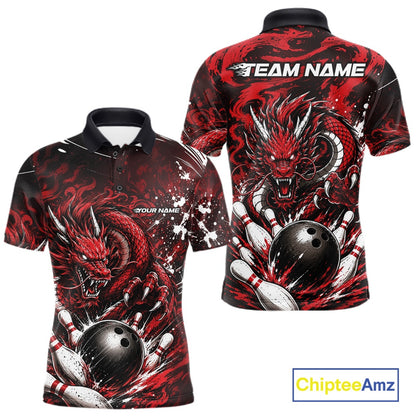 Red and black dragon-themed polo shirt with 'Team Name' and 'Your Name' text on a white background.