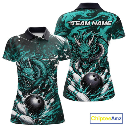 Teal dragon-themed polo shirt with customizable text on a white background