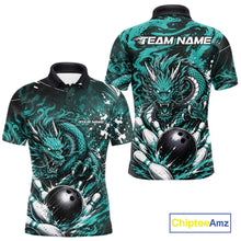 Load image into Gallery viewer, Teal and black dragon-themed polo shirt with 'Team Name' and 'Your Name' text on a white background.