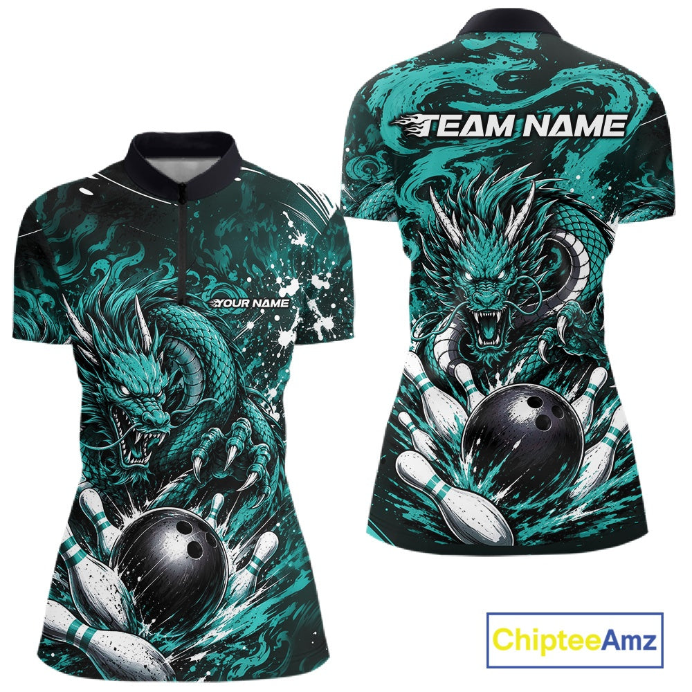 Teal dragon-themed bowling shirt with customizable text on a white background