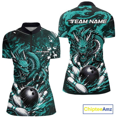 Teal dragon-themed bowling shirt with customizable text on a white background