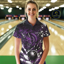 Load image into Gallery viewer, Woman wearing a purple dragon-themed bowling shirt in a bowling alley.