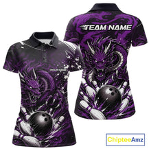 Load image into Gallery viewer, Purple dragon-themed bowling shirt with 'Team Name' and 'Your Name' text on a white background.