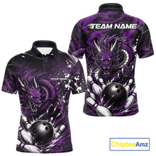Load image into Gallery viewer, Purple and black dragon-themed polo shirt with 'Team Name' and 'Your Name' text on a white background.
