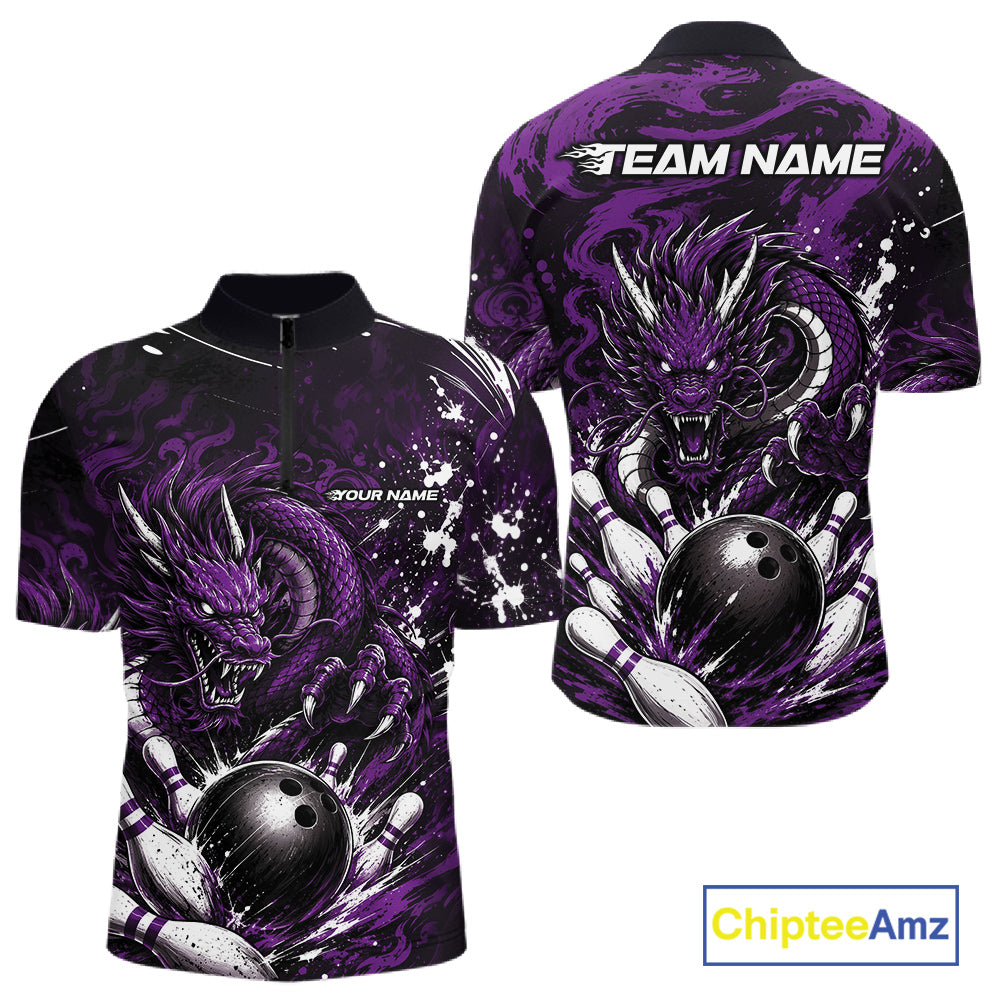 Blue dragon-themed bowling shirt with customizable text on a white background
