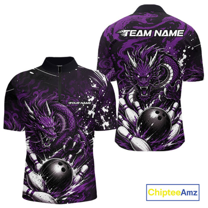Blue dragon-themed bowling shirt with customizable text on a white background
