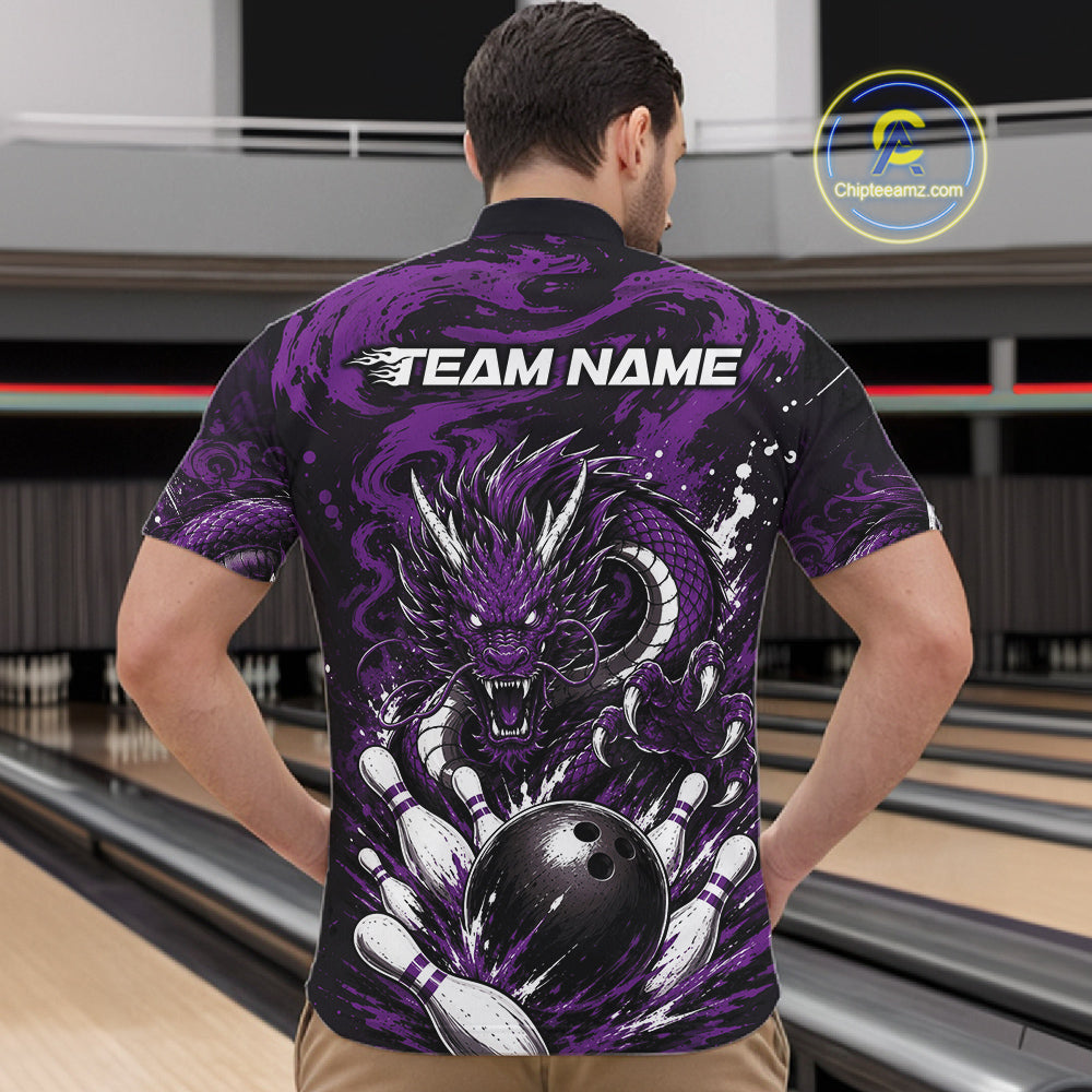 Man wearing a purple bowling shirt with dragon design in a bowling alley.