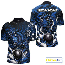 Load image into Gallery viewer, Blue dragon-themed bowling shirt with customizable text on a white background