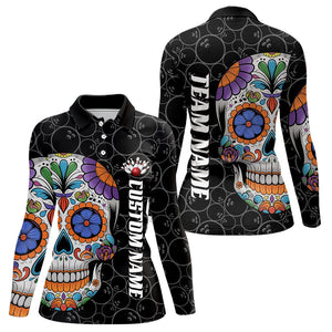 Custom Sugar Skull Bowling Long Sleeve Polo Shirts For Women, Halloween Bowling Team Shirts IPHW7426