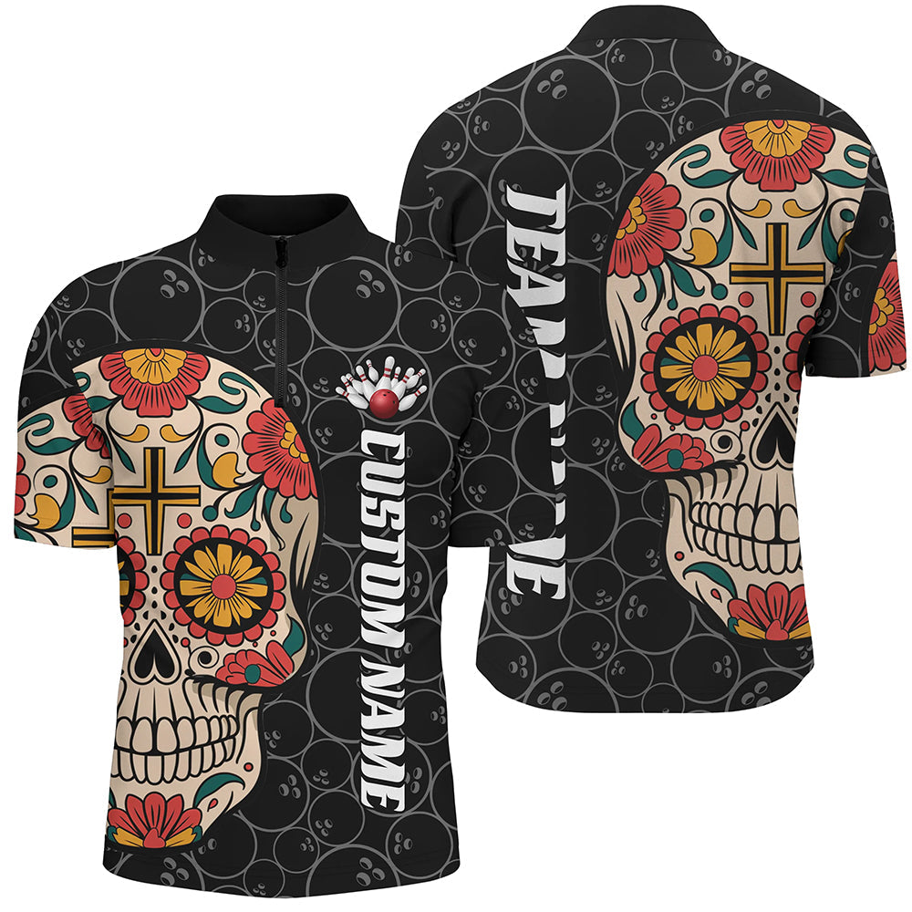 Custom Sugar Skull Bowling Shirts For Men, Halloween Bowling Team Shirts Bowlers Outfits IPHW7429