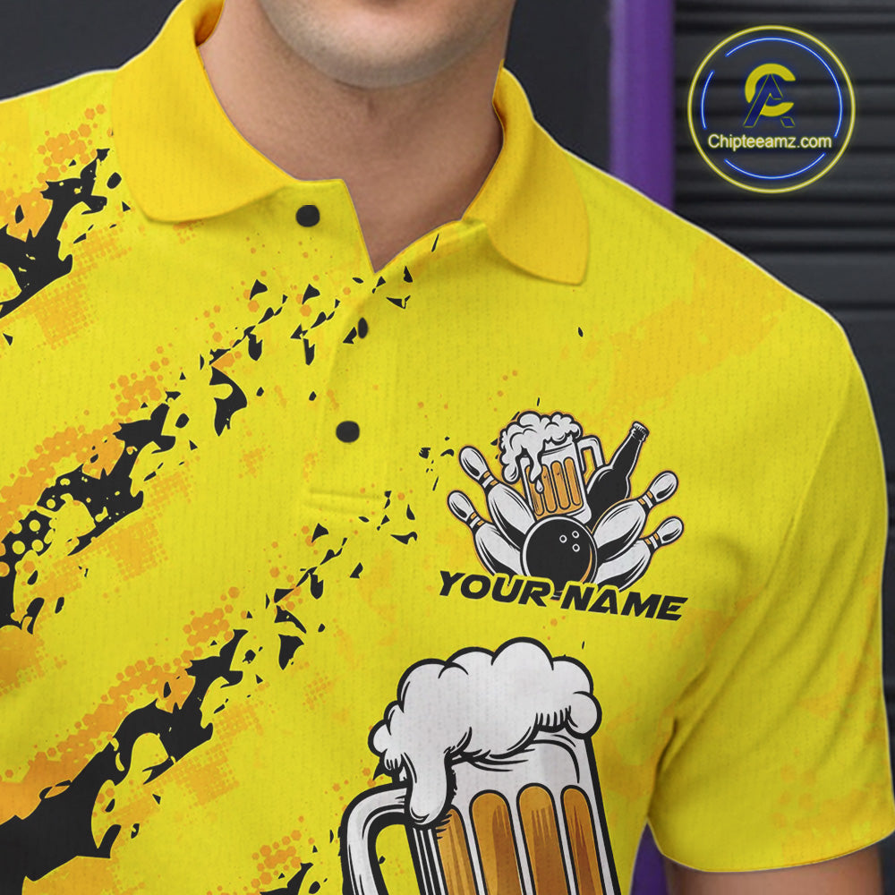 Custom Yellow Funny Bowling Men Polo Shirts, Bowling And Beer Party Bowlers Outfit IPHW9829