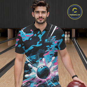 Custom Blue And Pink Camo Bowling Polo Shirts For Men, Camouflage Bowling Team Outfit IPHW9832