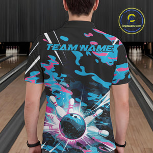 Custom Blue And Pink Camo Bowling Polo Shirts For Men, Camouflage Bowling Team Outfit IPHW9832