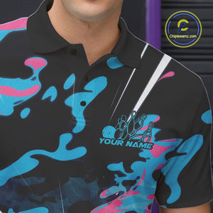 Custom Blue And Pink Camo Bowling Polo Shirts For Men, Camouflage Bowling Team Outfit IPHW9832