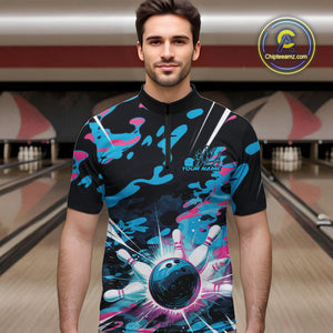 Custom Blue And Pink Camo Bowling Quarter-Zip Shirts For Men, Camouflage Bowling Team Outfit IPHW9832