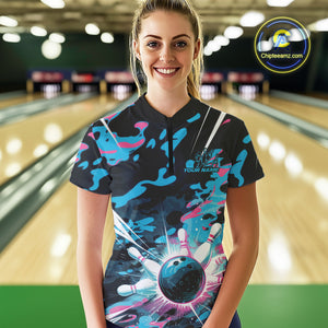 Custom Blue And Pink Camo Bowling Women Quarter-Zip Shirt, Camouflage Bowling Team Outfit IPHW9832