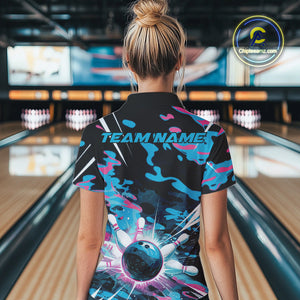 Custom Blue And Pink Camo Bowling Women Quarter-Zip Shirt, Camouflage Bowling Team Outfit IPHW9832