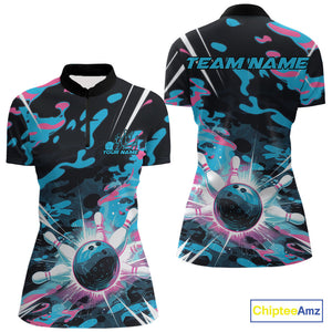 Custom Blue And Pink Camo Bowling Women Quarter-Zip Shirt, Camouflage Bowling Team Outfit IPHW9832