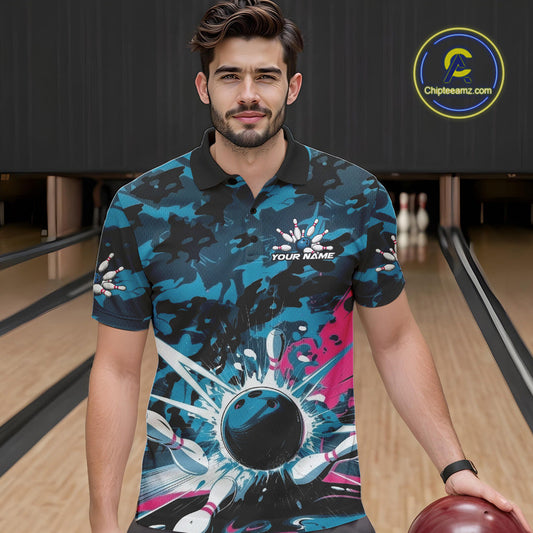 Custom Blue And Pink Camo Bowling Polo Shirts For Men, Camouflage Bowling Team Outfit IPHW9833
