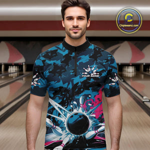 Custom Blue And Pink Camo Bowling Quarter-Zip Shirts For Men, Camouflage Bowling Team Outfit IPHW9833