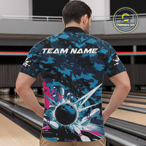 Custom Blue And Pink Camo Bowling Quarter-Zip Shirts For Men, Camouflage Bowling Team Outfit IPHW9833