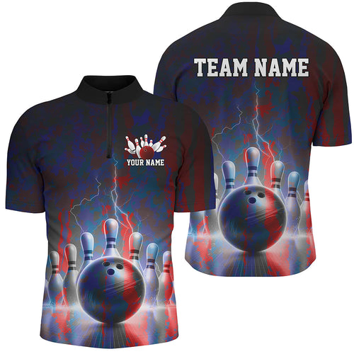 Electric Blue And Red Thunder Lightning Bowling Shirts For Men, Stormy Night Bowling Team Shirt IPHW7714