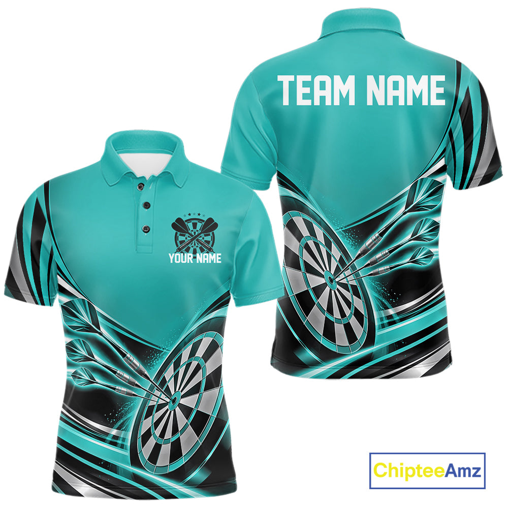 Black And Turquoise Dart Team Men Polo Shirt With Custom Name, Dart Jersey Dart Gift IPHW12569
