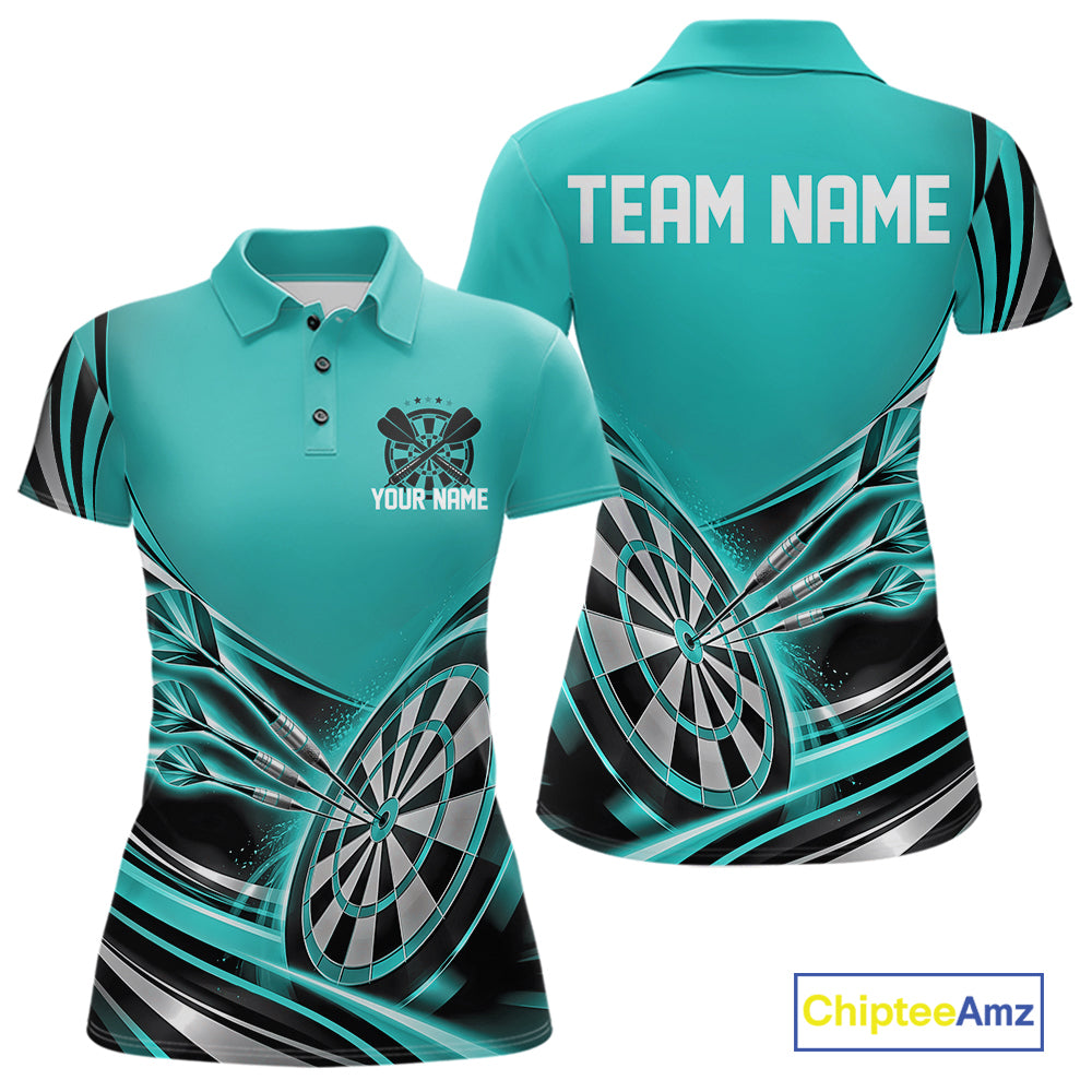 Black And Turquoise Dart Team Women Polo Shirt With Custom Name, Dart Jersey Dart Gift IPHW12569