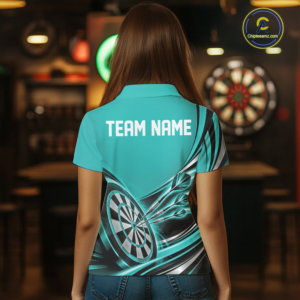 Black And Turquoise Dart Team Women Polo Shirt With Custom Name, Dart Jersey Dart Gift IPHW12569