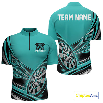 Black And Turquoise Dart Team Men Quarter Zip Shirt With Custom Name, Dart Jersey Dart Gift IPHW12569
