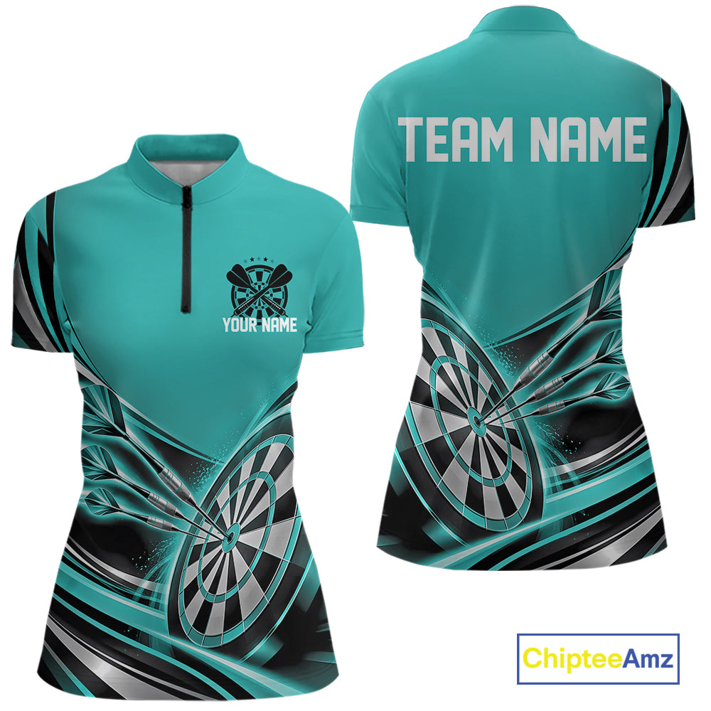 Black And Turquoise Dart Women Quarter-Zip Shirt With Custom Name, Dart Jersey Dart Gift IPHW12569