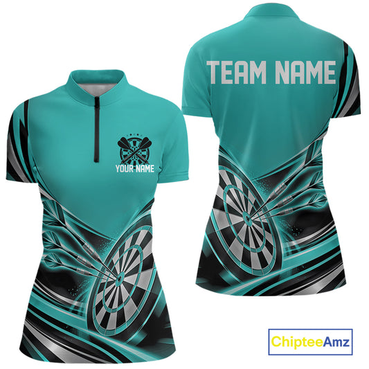 Black And Turquoise Dart Women Quarter-Zip Shirt With Custom Name, Dart Jersey Dart Gift IPHW12569