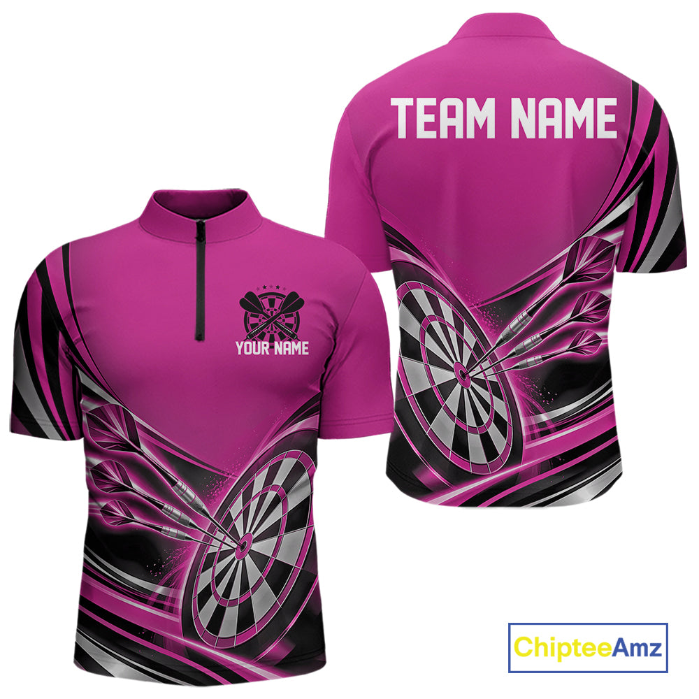 Black And Pink Dart Team Men Quarter Zip Shirt With Custom Name, Dart Jersey Dart Gift IPHW12570