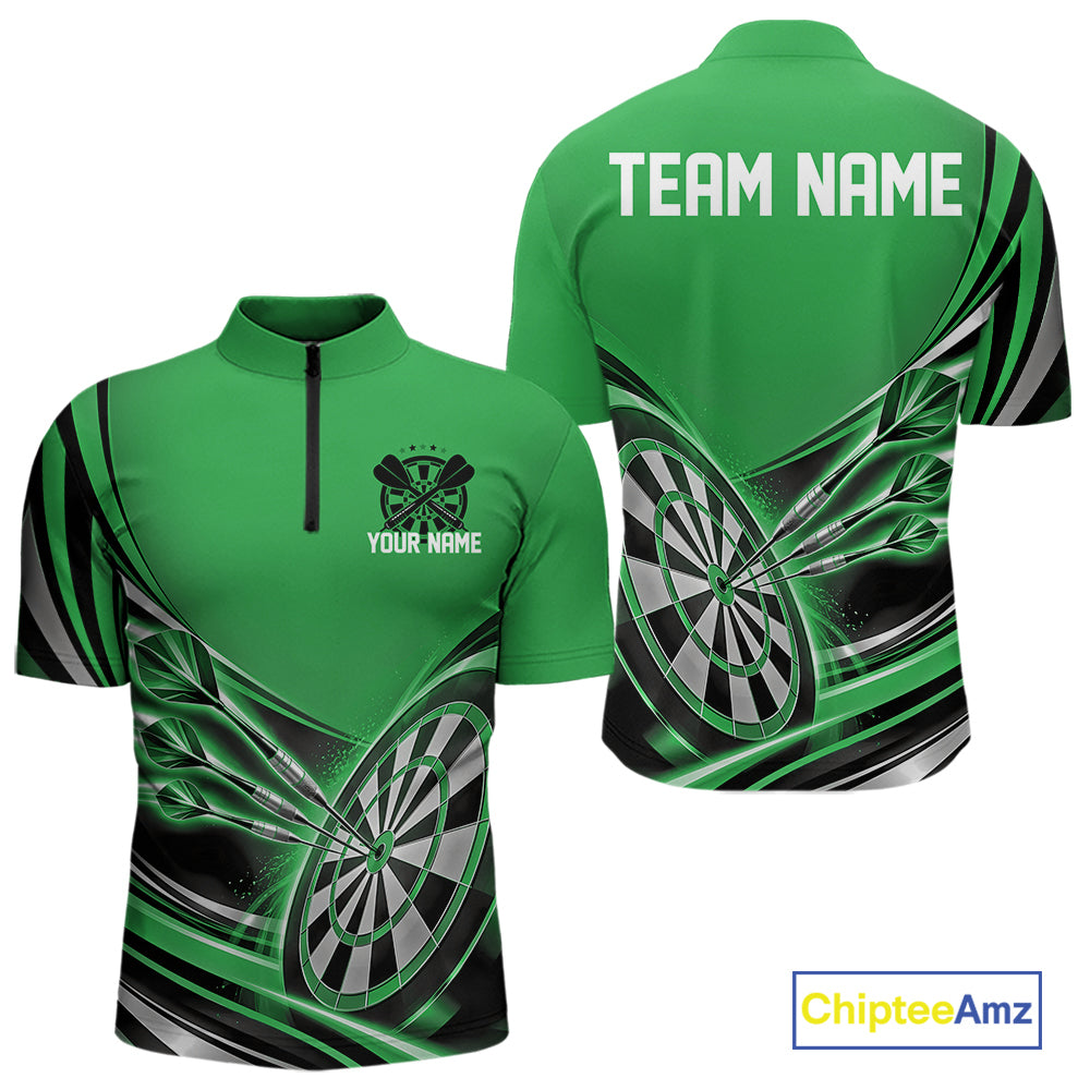 Black And Green Dart Team Men Quarter Zip Shirt With Custom Name, Dart Jersey Dart Gift IPHW12571