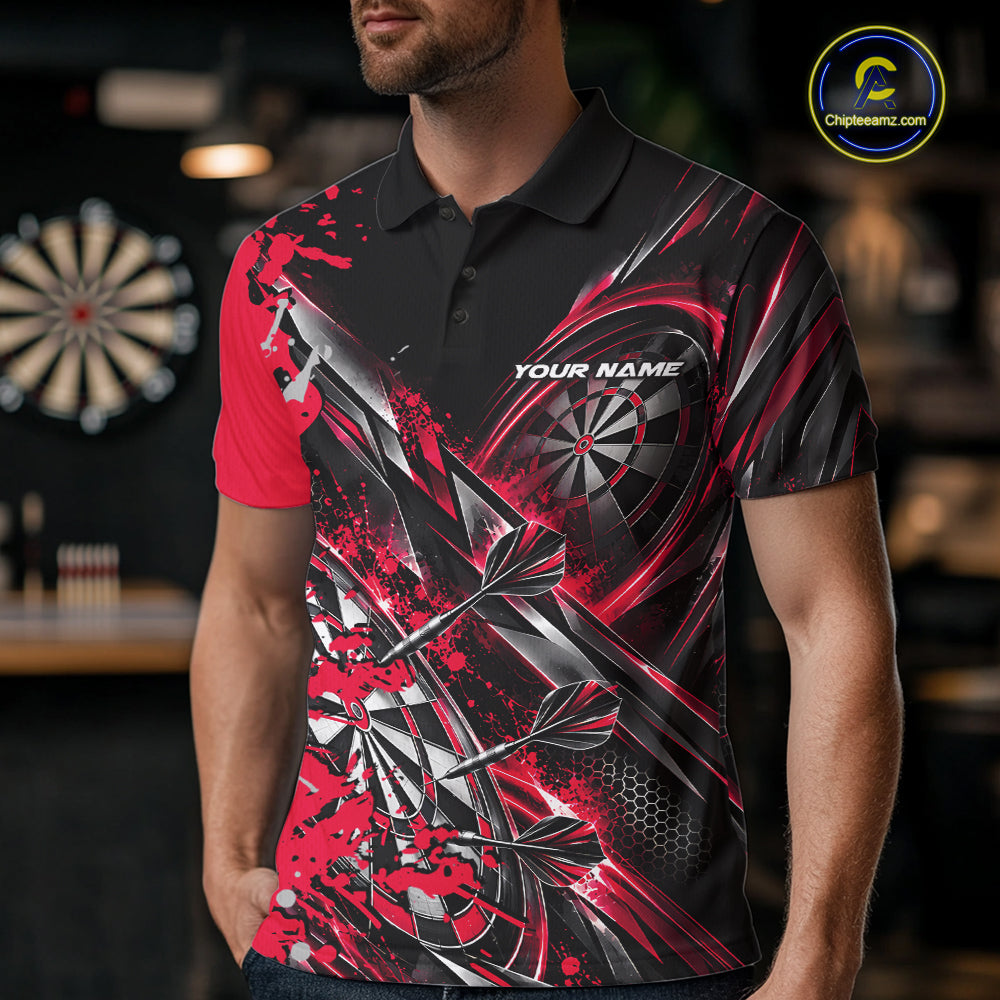 Custom Black And Red Splatter Dart Team Men Polo Shirt, Dart League Jersey IPHW12572