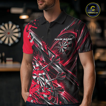 Custom Black And Red Splatter Dart Team Men Polo Shirt, Dart League Jersey IPHW12572