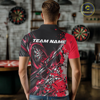 Custom Black And Red Splatter Dart Team Men Polo Shirt, Dart League Jersey IPHW12572