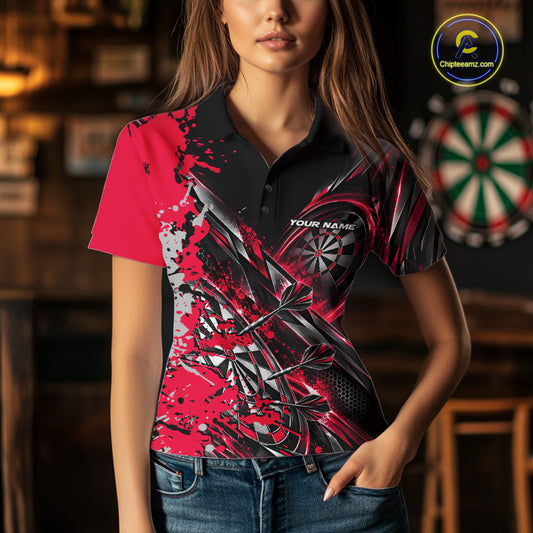 Custom Black And Red Splatter Dart Team Women Polo Shirt, Dart League Jersey IPHW12572