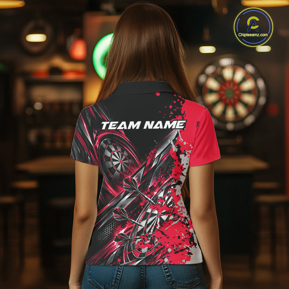 Custom Black And Red Splatter Dart Team Women Polo Shirt, Dart League Jersey IPHW12572