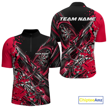 Custom Black And Red Splatter Dart Team Men Quarter Zip Shirt, Dart League Jersey IPHW12572