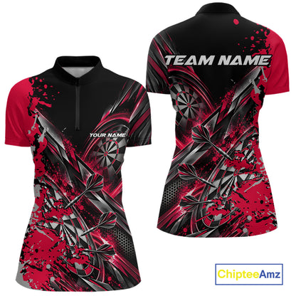 Custom Black And Red Splatter Dart Team Women Quarter-Zip Shirt, Dart League Jersey IPHW12572