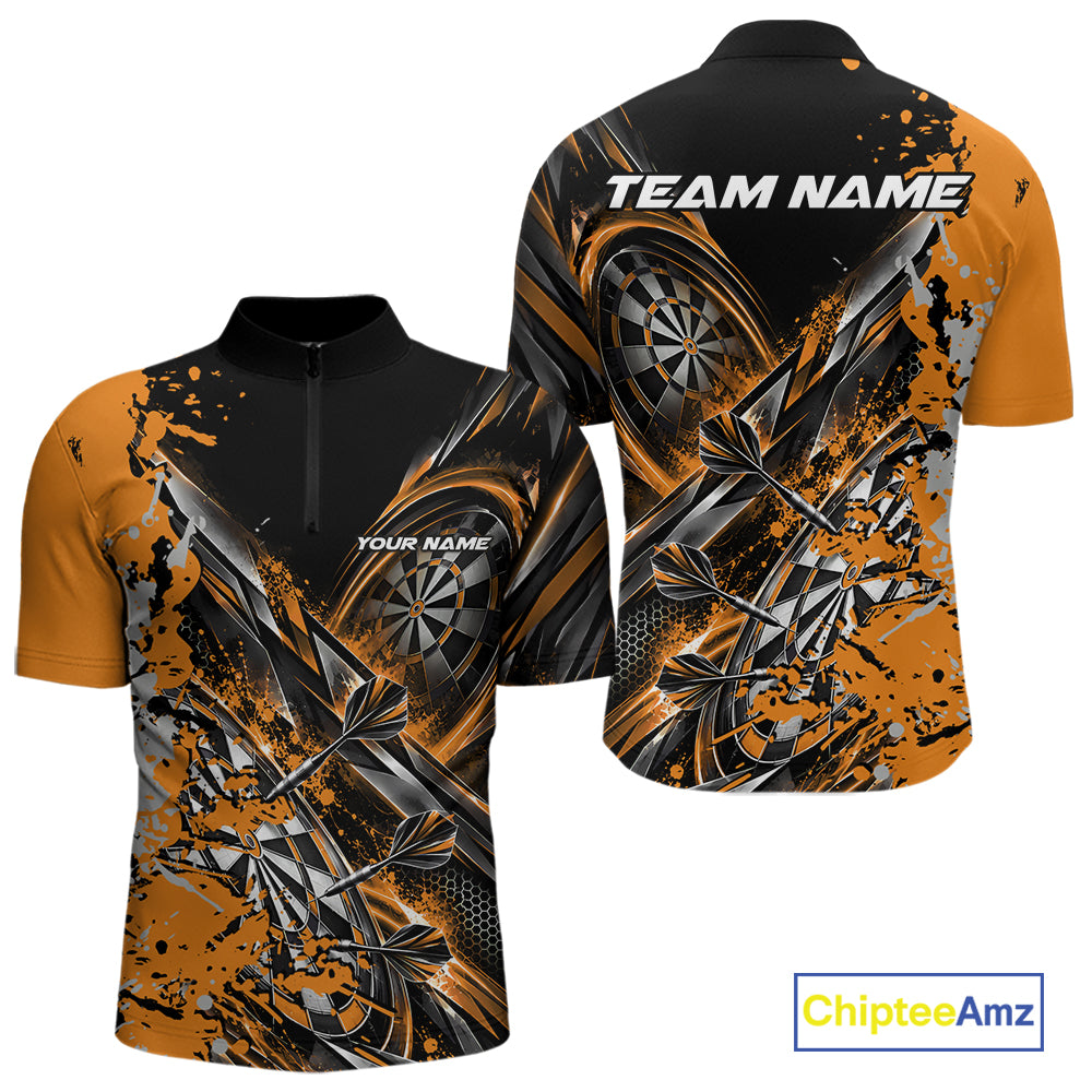 Custom Black And Yellow Splatter Dart Team Men Quarter Zip Shirt, Dart League Jersey IPHW12573