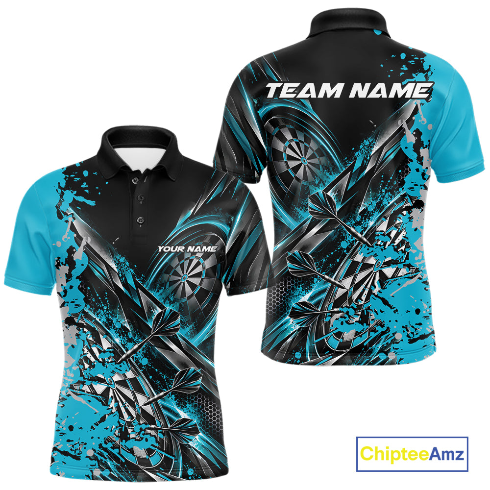 Custom Black And Sky Blue Splatter Dart Team Men Polo Shirt, Dart League Jersey IPHW12574