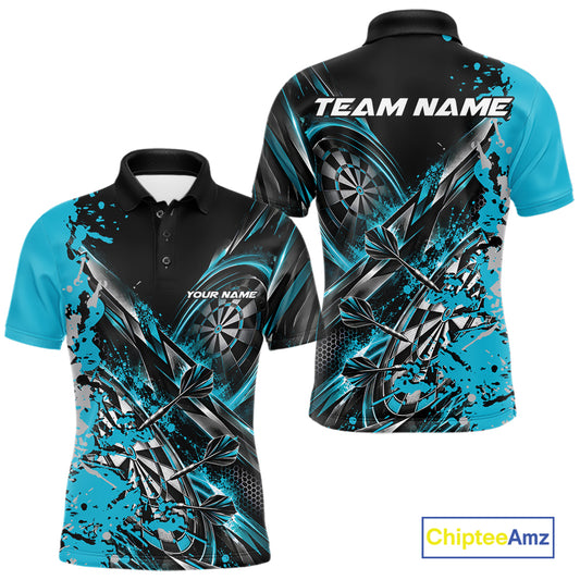 Custom Black And Sky Blue Splatter Dart Team Men Polo Shirt, Dart League Jersey IPHW12574