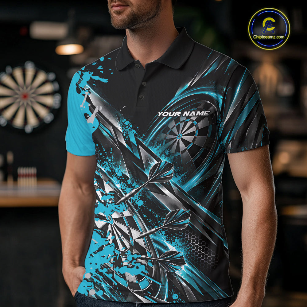 Custom Black And Sky Blue Splatter Dart Team Men Polo Shirt, Dart League Jersey IPHW12574