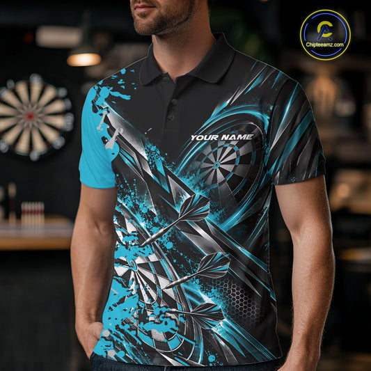 Custom Black And Sky Blue Splatter Dart Team Men Polo Shirt, Dart League Jersey IPHW12574